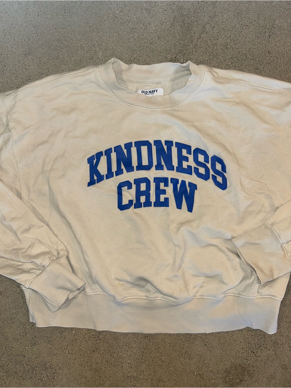 Old Navy Cream Crewneck Sweatshirt with Blue "Kindness Crew" Graphic